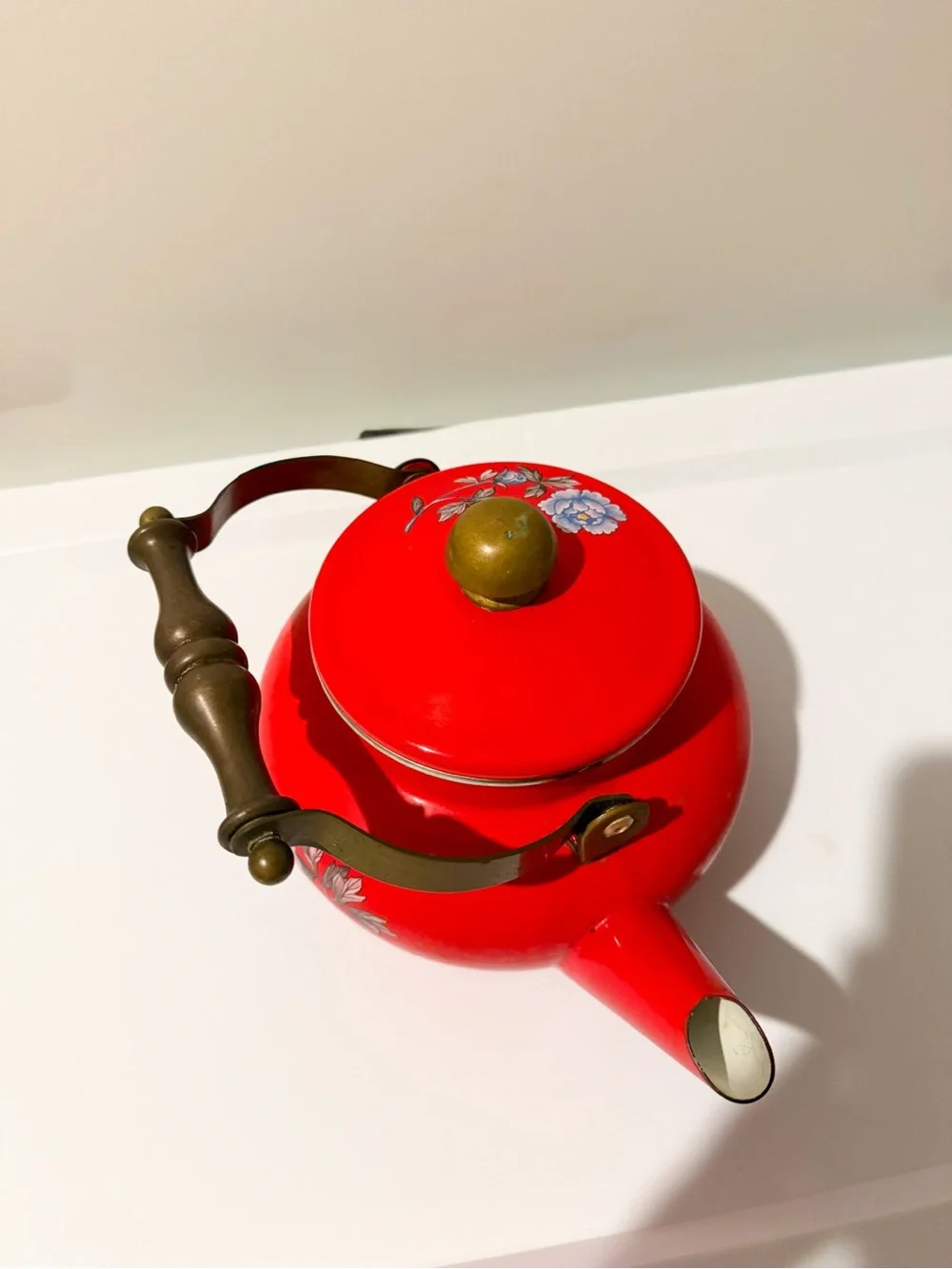Vintage Japanese Enamel Tea Kettle Floral Print Red with Brass Handle